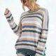 Colorful Striped Pointelle Knit Wave Hem Sweater