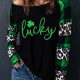 Green Clover Leopard Print Long Sleeve Top with Glitter Detail