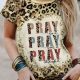 Leopard Print "Pray" Graphic Tee with Bleached Detail